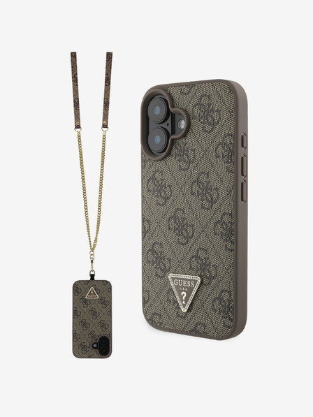 Guess PU 4G Strass Triangle Metal Logo Zadní Kryt + Crossbody Popruh pro iPhone 16 Brown Ovitek za telefon