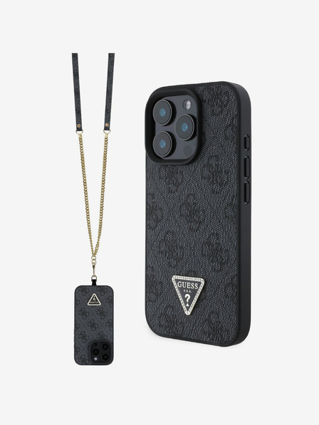 Guess PU 4G Strass Triangle Metal Logo Zadní Kryt + Crossbody Popruh pro iPhone 16 Pro Max Black Ovitek za telefon