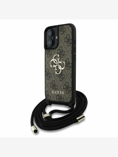 Guess PU 4G Metal Logo Crossbody Popruh Zadní Kryt pro iPhone 16 Brown Ovitek za telefon