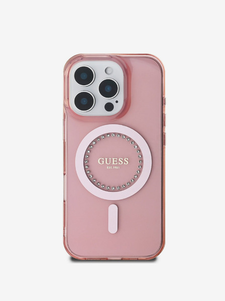 Guess IML Rhinestones Ring MagSafe Zadní Kryt pro iPhone 16 Pro Max Pink Ovitek za telefon