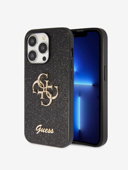 Guess PU Fixed Glitter 4G Metal Logo Zadní Kryt pro iPhone 15 Pro Max Black Ovitek za telefon