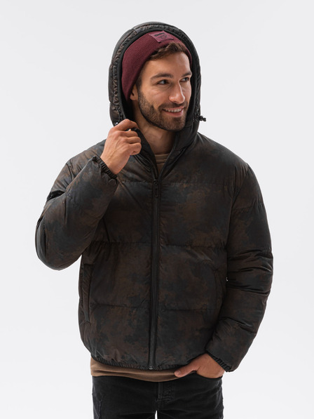 Ombre Clothing Rjavo-črna moška vzorčasta prešita zimska bunda C529