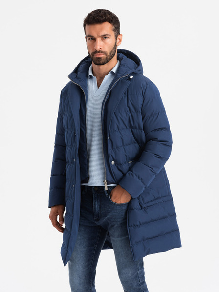 Ombre Clothing Moška dolga prešita jakna s poklopci in podlogo v temno modri barvi Ombre Clothing