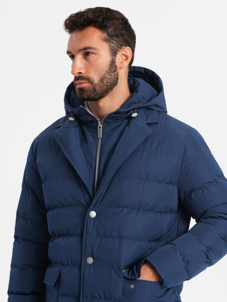 Ombre Clothing Moška dolga prešita jakna s poklopci in podlogo v temno modri barvi Ombre Clothing