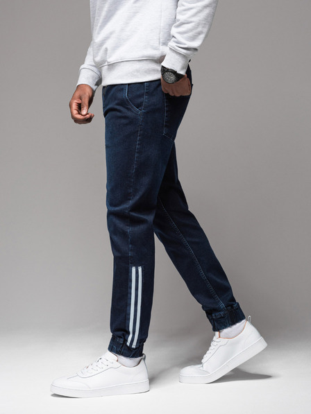 Ombre Clothing Moške športne hlače iz džinsa z obrobo - temno modre V4 OM-PADJ-0156 Ombre Clothing