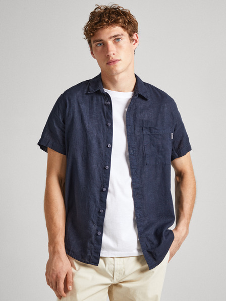 Pepe Jeans Temno modra moška lanena srajca s kratkimi rokavi Pepe Jeans