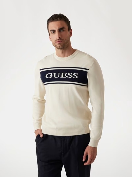 Guess Jeans Moški bel pulover s črtami Guess jeans