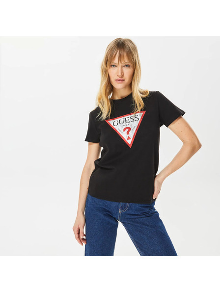 Guess Jeans Žensko črno majico z velikim triangel logotipom Guess jeans