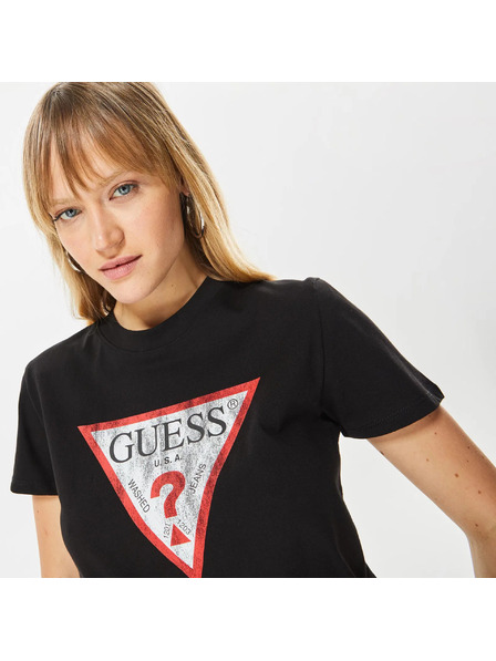 Guess Jeans Žensko črno majico z velikim triangel logotipom Guess jeans