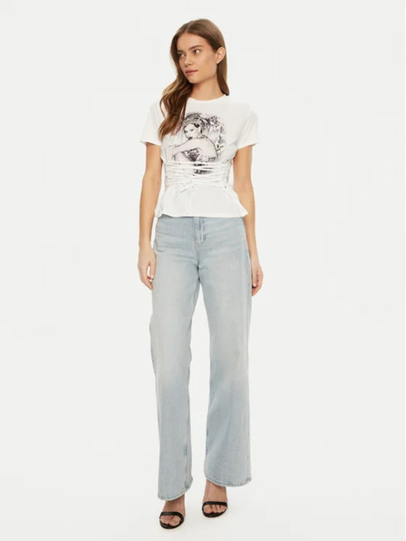 Guess Jeans Žensko belo majico Eco Duchess z grafično steznik Guess jeans