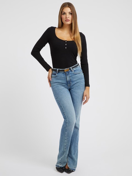 Guess Jeans Žensko črno majico z dolgimi rokavi in gumbi Guess jeans
