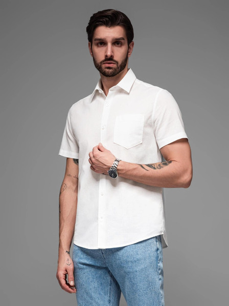 Ombre Clothing Moška srajca s kratkimi rokavi in kubanskim ovratnikom bela Ombre Clothing