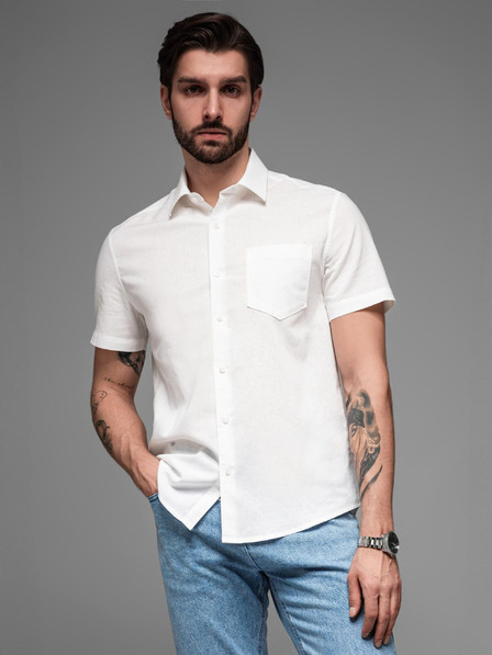 Ombre Clothing Moška srajca s kratkimi rokavi in kubanskim ovratnikom bela Ombre Clothing