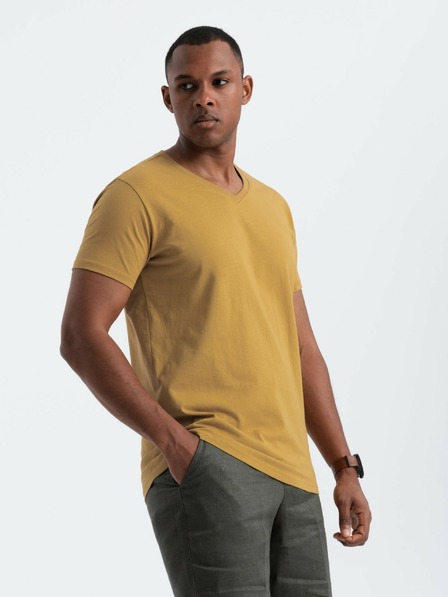 Ombre Clothing Moška klasična bombažna majica BASIC z vogalom - gorčična V8 OM-TSBS-0145 Ombre Clothing