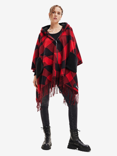Desigual Črno-rdeč karirasti pončo Desigual Checkys Arenal/Zipper za ženske