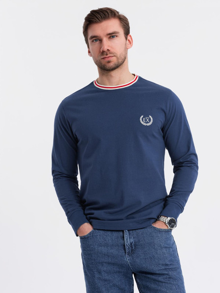 Ombre Clothing Moška bombažna majica z dolgimi rokavi, progastim U-izrezom in vezenim napisom Ombre Clothing
