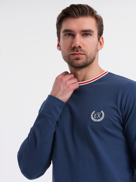 Ombre Clothing Moška bombažna majica z dolgimi rokavi, progastim U-izrezom in vezenim napisom Ombre Clothing