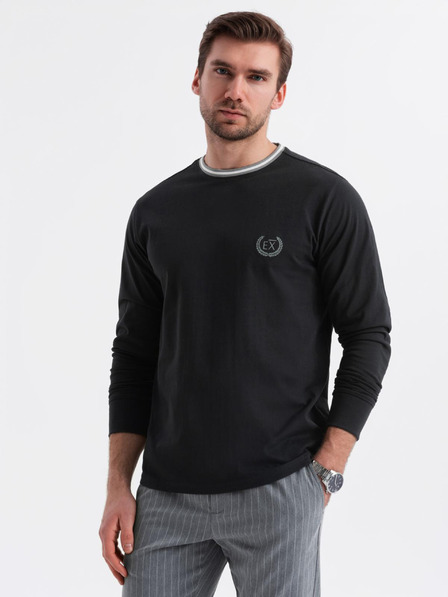 Ombre Clothing Moška bombažna majica z dolgimi rokavi, progastim U-izrezom in vezenim napisom Ombre Clothing