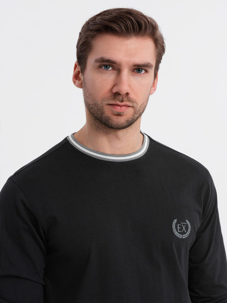 Ombre Clothing Moška bombažna majica z dolgimi rokavi, progastim U-izrezom in vezenim napisom Ombre Clothing